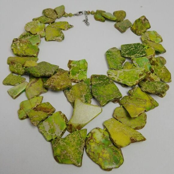 Sterling Silver and Dyed Green Howlite Stone Slab Two Strand Statement Necklace - Picture 2 of 7